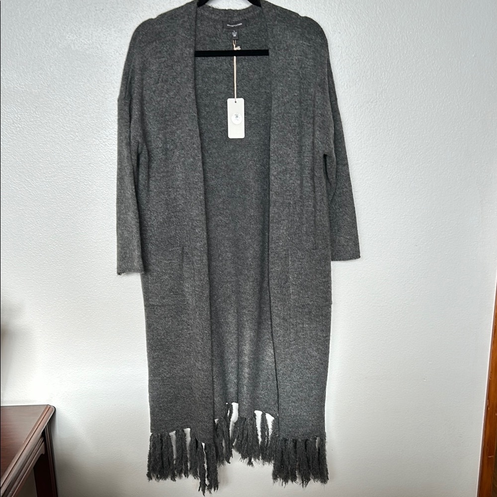 Gray Long Fringe Cardigan Sweater